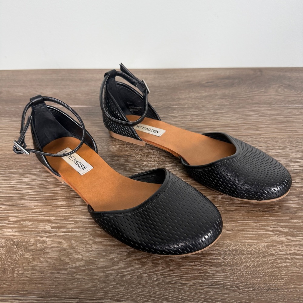 Steve Madden Maia Black Ankle Strap d'Orsay Flats Perforated Round Toe Shoes 7